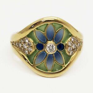 Masriera Art Nouveau Plique à Jour Enamel & Diamond Ring 18k Gold Size 8